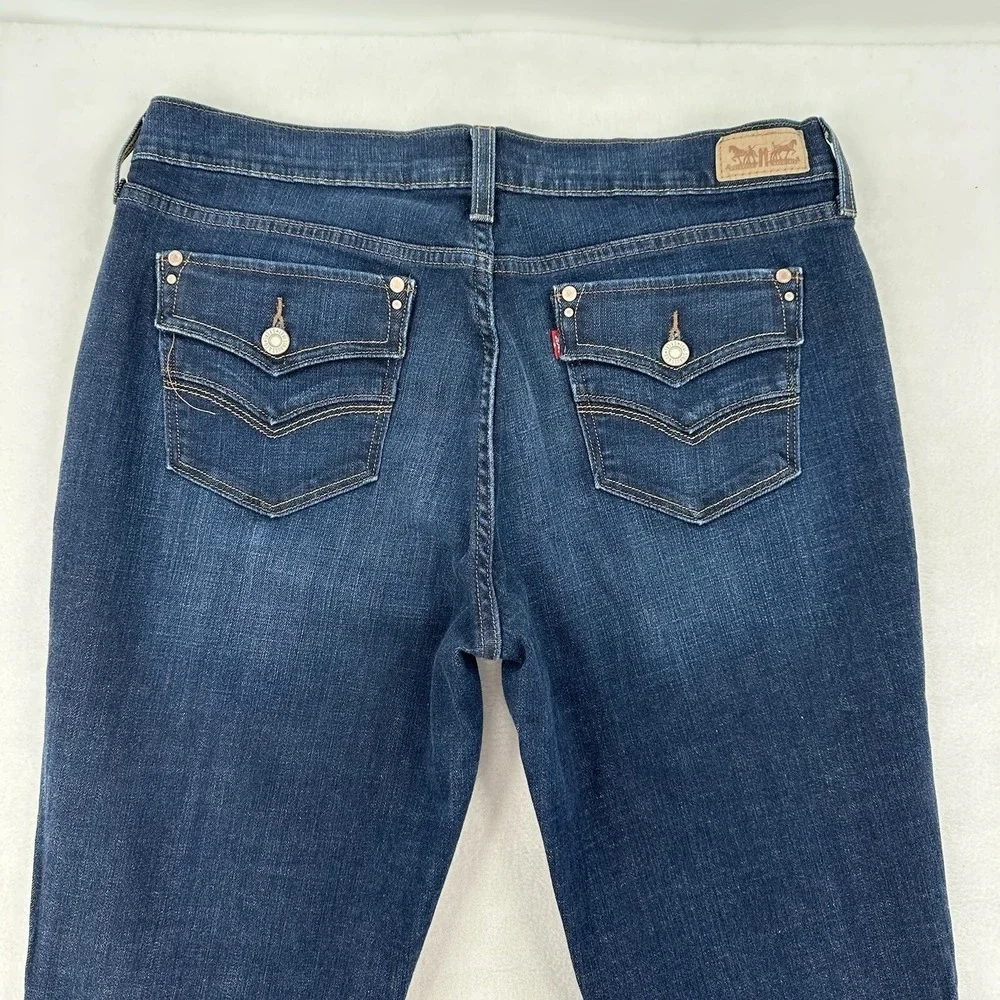 Levis 505 Straight Leg Jeans Dark Wash Blue Button Flap Pocket Denim Women 32x34